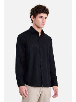 Snitch - Black Self Design Collar Neck Shirt