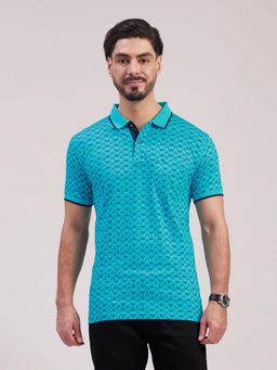Classic Polo - Turquoise Self Design Collar Neck Polo T-Shirt