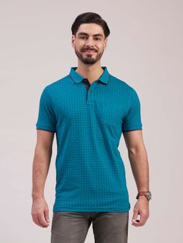 Classic Polo - Turquoise Self Design Collar Neck Polo T-Shirt