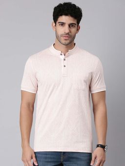 Classic Polo - Pink Self Design Mandarin Neck T-Shirt