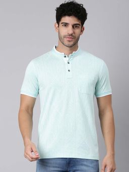 Classic Polo - Blue Self Design Mandarin Neck T-Shirt