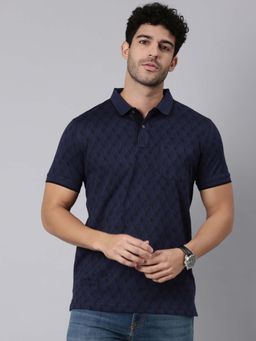 Classic Polo - Navy Blue Self Design Collar Neck Polo T-Shirt
