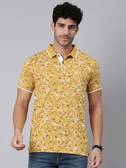 Classic Polo - Mustard Self Design Collar Neck Polo T-Shirt