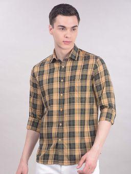 CRIMSOUNE CLUB - Beige Checks Collar Neck Shirt