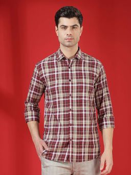 CRIMSOUNE CLUB - Maroon Checks Collar Neck Shirt