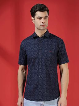CRIMSOUNE CLUB - Navy Blue Printed Collar Neck Shirt