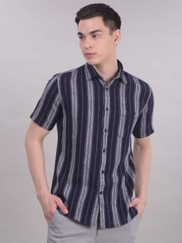 CRIMSOUNE CLUB - Navy Blue Stripes Collar Neck Shirt