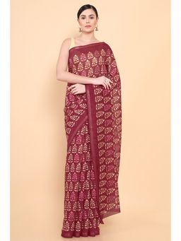 Soch - Women Maroon Chanderi Printed Saree with Unstitched Blouse