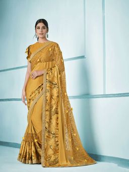 Odette - Mustard Lycra Saree with Unstitched Blouse