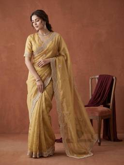 Koskii - Women Gold Embroidered Tissue Saree with Unstitched Blouse