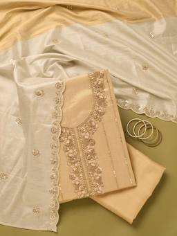 Koskii - Women Gold Embellished/Sequined Tissue Top and Bottom with Dupatta