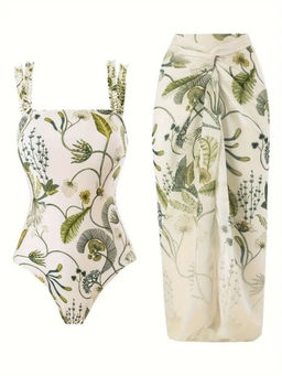 Addery - Women White Printed Piece with Swim Cover-Up (Set of 2)