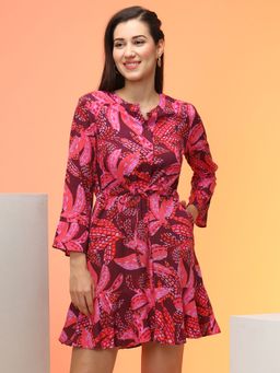 Globus - Women Purple Tropical Print Mandarin Collar Bell Sleeves Fit & Flare Belted Mini Dress