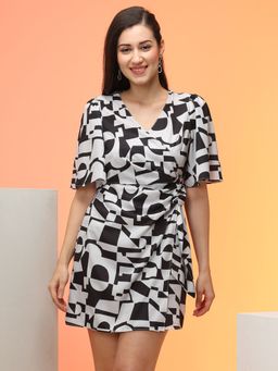 Globus - Womens Black and White Geometric Print Ruched Mini Wrap Dress