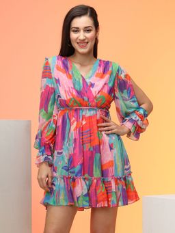 Globus - Women Multi Tropical Print Wrap Neck Gathered Fit & Flare Mini Dress With Slit Sleeves