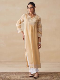 House of Chikankari - Womens Woven Pure Cotton Chikankari Kurta-Beige