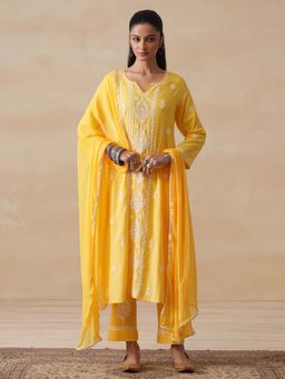 House of Chikankari - Women Rayon Chikankari Kurta with Pant and Dupatta (Set of 3) - Yellow