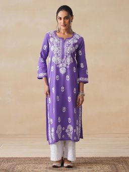 House of Chikankari - Nida Chikankari Cotton Straight Kurta - Purple