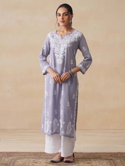 House of Chikankari - Nida Chikankari Cotton Straight Kurta - Grey