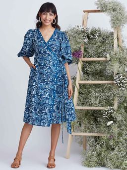 Okhai - Sea Life Hand Block Printed Pure Cotton Wrap Dress