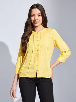 Latin Quarters - Women Yellow Straight Solid Mandarin Casual Shirt