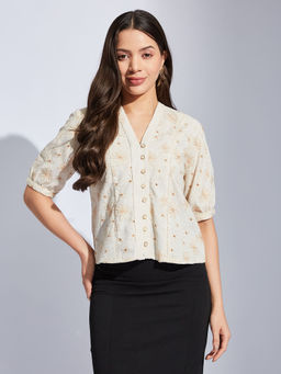 Latin Quarters - Women Beige Straight Printed V-Neck Casual Shirt