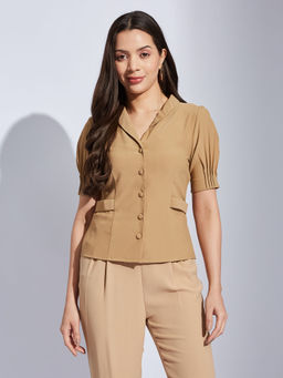 Latin Quarters - Women Beige Solid Collared Casual Top
