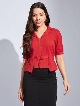 Latin Quarters - Women Red Solid Collared Casual Top