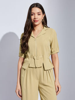 Latin Quarters - Women Beige Solid Collared Casual Top