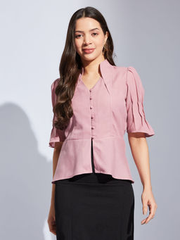 Latin Quarters - Women Pink Solid V-Neck Casual Top