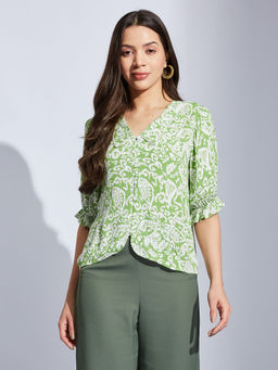 Latin Quarters - Women Green Straight Printed Collared Casual Shirt