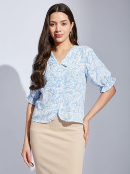Latin Quarters - Women Blue Printed Half Sleeves Casual Shirt