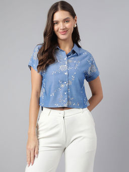 Latin Quarters - Women Blue Embroidered Collared Casual Crop Shirt
