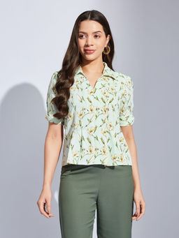 Latin Quarters - Women Green Straight Printed Collared Casual Shirt