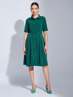 Latin Quarters - Women Green A-Line Solid Collared Casual Dress with Belt (Set of 2)