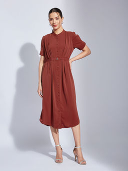 Latin Quarters - Women Rust Straight Solid Mandarin Casual Dress