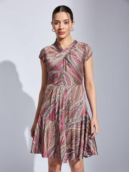 Latin Quarters - Women Pink Fit & Flare Printed V-Neck Casual Dress