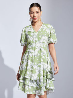 Latin Quarters - Women Green A-Line Printed V-Neck Casual Dress