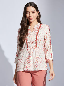 Latin Quarters - Women White Straight Printed Mandarin Neck Casual Tunic