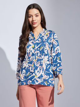 Latin Quarters - Women Blue Straight Printed Mandarin Neck Casual Tunic