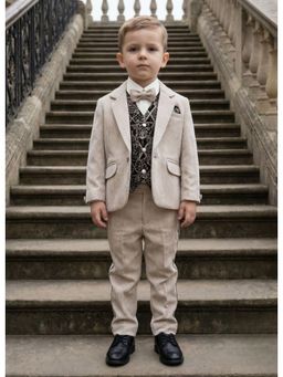 Lagorii - Boys Cream Solid Blazer-Shirt-Waistcoat with Pant and Bow Tie