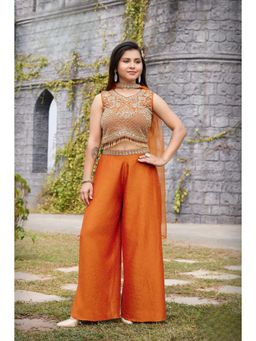 Lagorii - Girls Orange Embroidered Crop Top with Palazzo and Dupatta