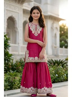Lagorii - Girls Rani Pink Embroidered Kurta with Sharara