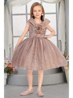 Lagorii - Girls Beige 3D Floral Bow and Sequin Detailing Party Wear Dress