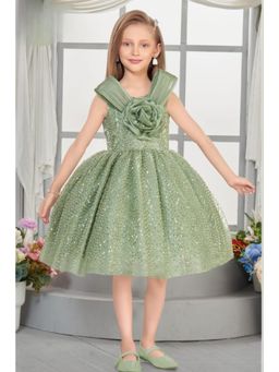 Lagorii - Girls Sage Green 3D Floral Bow and Sequin Detailing Party Wear Dress