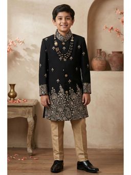 Lagorii - Boys Black Embroidered Sherwani with Pant and Necklace