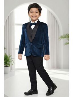 Lagorii - Boys Navy Blue Tuxedo Blazer with Shirt-Waistcoat and Pant-Bow Tie