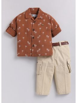 Little Collars - Boys Rust-Beige Printed Shirt and Trouser