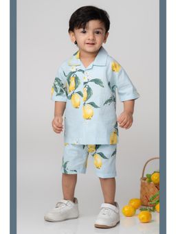 Little Collars - Boys Blue Pure Cotton Lemon Printed Co-Ord Set