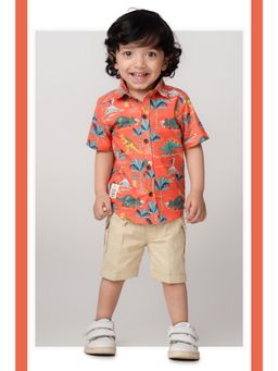 Little Collars - Boys Orange Dinosaur World Printed Shirt and Shorts